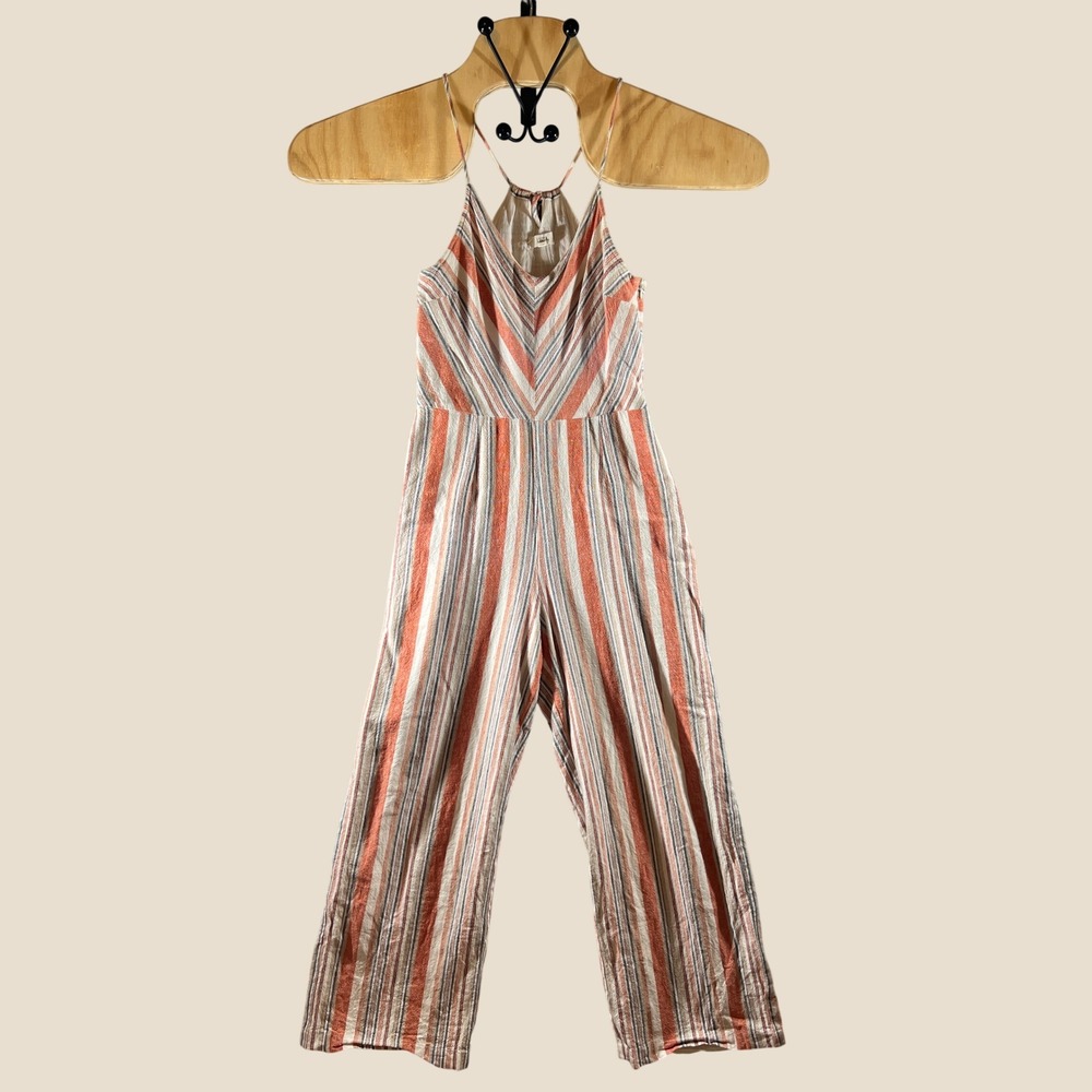 913 |Lucca Couture Multicolor Linen Striped Halter Wide Leg Jumpsuit Women Small